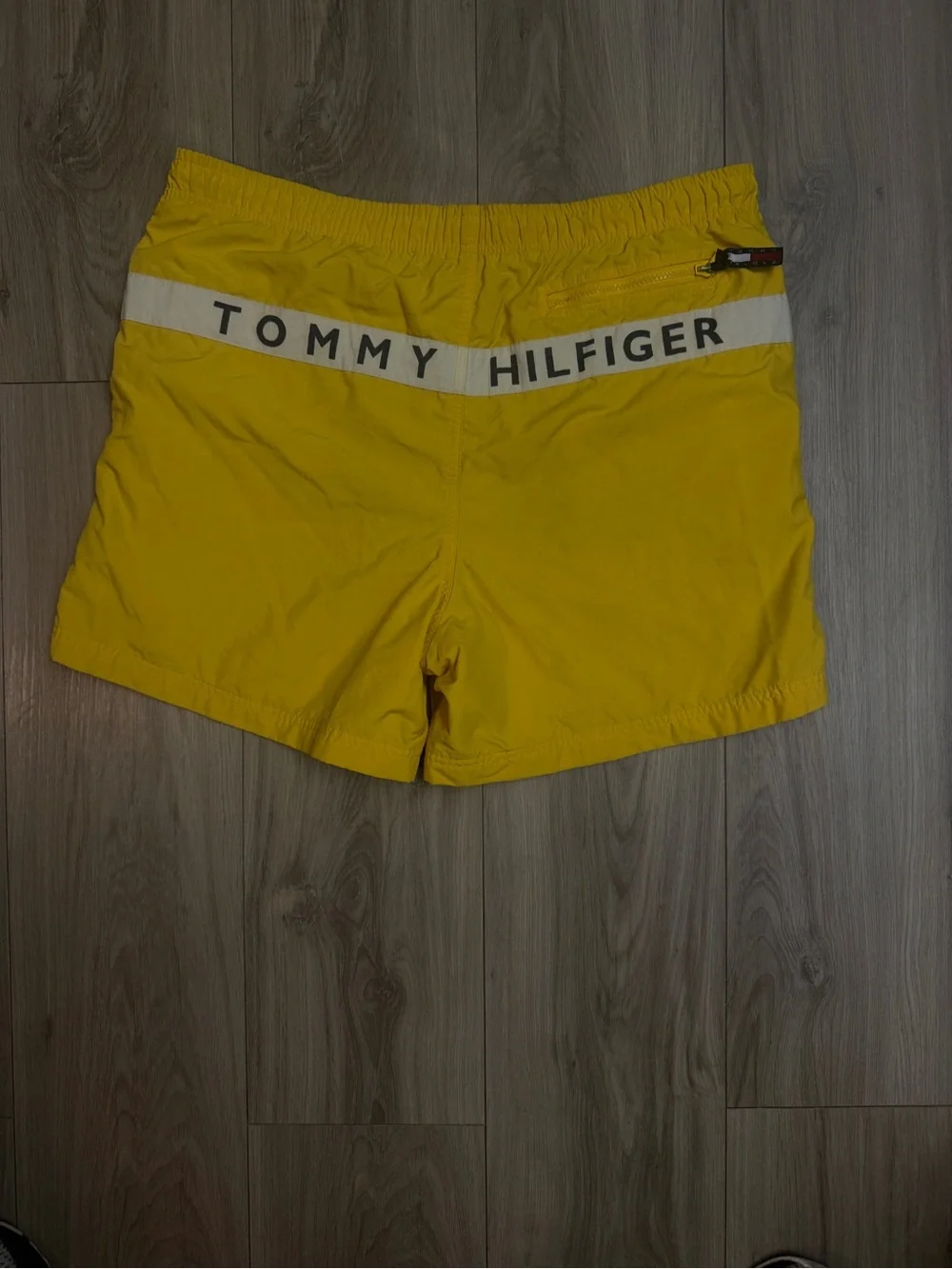 Tommy Hilfiger Yellow Swim Trunks with Black & Red Waist Stripes VTG